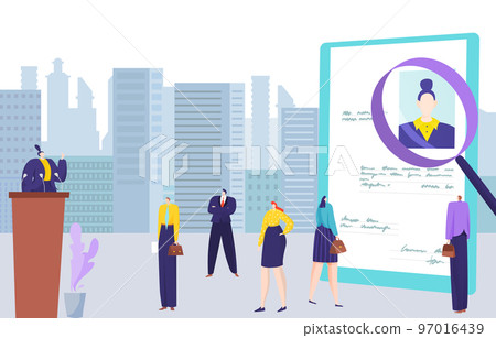Election concept, vector illustration,flat woman speaker character stand at podium, have public speech at microphone, tiny people Election concept, vector illustration,flat woman speaker character stand at podium, have public speech at microphone, tiny people 97016439