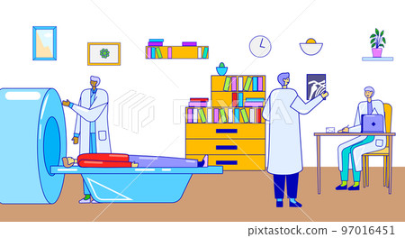 Line doctor in hospital, vector illustration, flat patient man character lay at mri equipment, medical magnetic resonance imaging scanner. 97016451