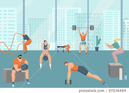 Workout training in gym, cross fit exercise, vector illustration, flat people character use sport equipment, kettlebell, barbell, rope. 97016484