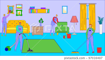 Service for house apartment cleaning, vector illustration, flat people cleaner character in professional uniform make housework together. Service for house apartment cleaning, vector illustration, flat people cleaner character in professional uniform make housework together. 97016487