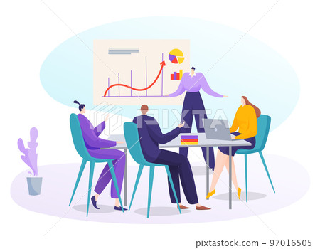 Business conference with graph presentation, vector illustration, flat man woman character at teamwork meeting, girl show chart to people team 97016505
