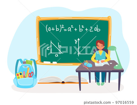 Back to school, blackboard with boy, vector illustration, education concept for student kid character sitting at table, happy child at class. 97016559