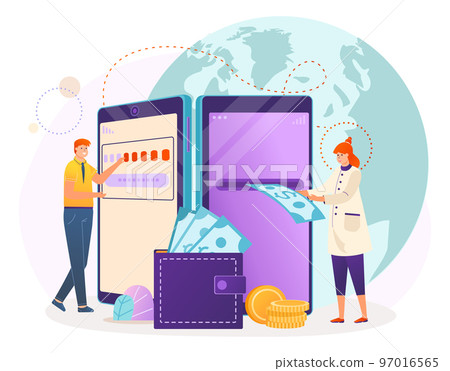 Business digital mobile payment by phone, vector illustration, flat tiny man woman character make finance transaction at smartphone technology. Business digital mobile payment by phone, vector illustration, flat tiny man woman character make finance transaction at smartphone technology. 97016565