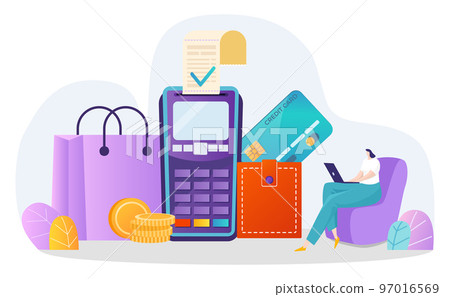 Payment at laptop online, vector illustration. Flat tiny woman character sit near huge terminal, pay money, use credit card for cashless transfer. 97016569