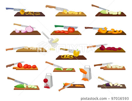 Knife Cutting and Grating Vegetables on Wooden Board Big Vector Set 97016593