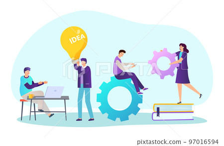 Business idea teamwork concept, vector illustration, flat people character use financial graph, woman show marketing chart technology team at table. Business idea teamwork concept, vector illustration, flat people character use financial graph, woman show marketing chart technology team at table. 97016594