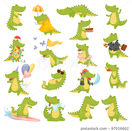 Crocodile Cute Character Engaged in Different Activity Big Vector Set 97016602