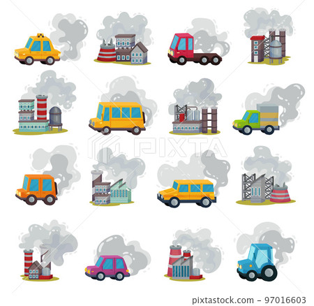 Car and Plants Emitting Smoke as Air Pollution Source Big Vector Set Car and Plants Emitting Smoke as Air Pollution Source Big Vector Set 97016603