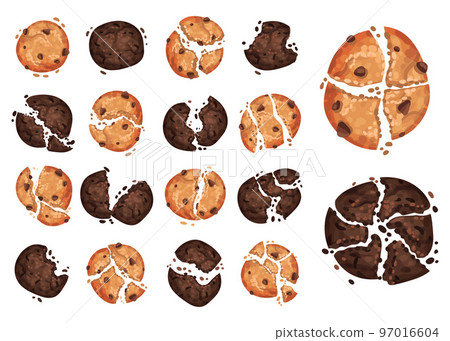 Traditional Broken Cookies with Chocolate Crisps with Crumbs Big Vector Set 97016604