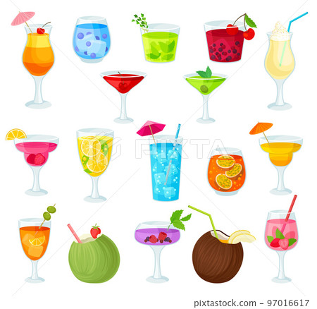 Cocktails in Glass with Straw as Cool Refreshing Summer Drinks Big Vector Set Cocktails in Glass with Straw as Cool Refreshing Summer Drinks Big Vector Set 97016617