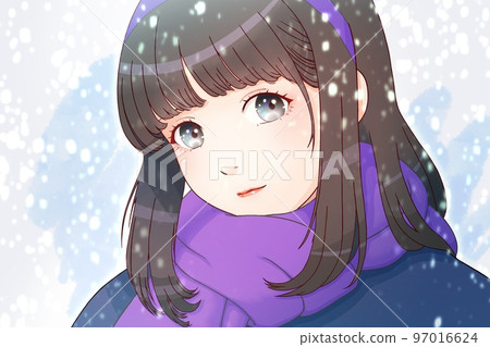 A girl wearing a headband and muffler in the snow Clothes = navy blue, muffler = purple, hair = black 97016624