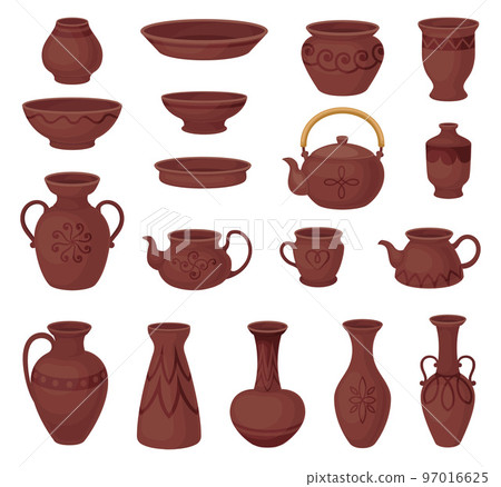Clay Pottery and Ceramic Brown Vessel or Containers Big Vector Set Clay Pottery and Ceramic Brown Vessel or Containers Big Vector Set 97016625