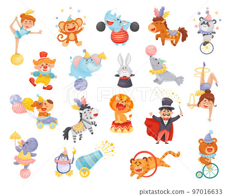 Circus Entertainer and Animals Performing Tricks on Stage Big Vector Set 97016633