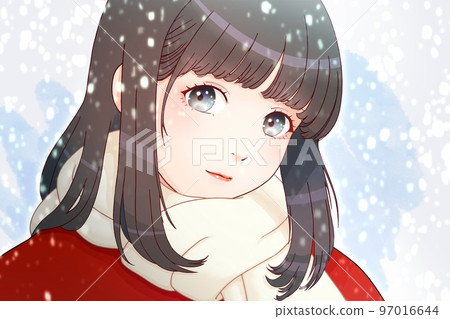 A girl wearing a muffler in the snow clothes = red, muffler = milky white, hair = black Left-right reversed version 97016644