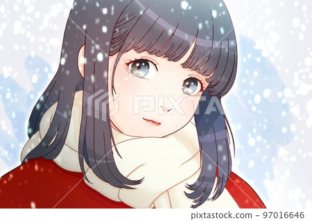 A girl wearing a muffler in the snow clothes = red, muffler = milky white, hair = navy Left-right reversed version 97016646