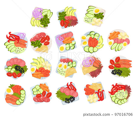 Sliced and Cut Vegetables, Wurst, Cheese and Fish Served on Plate Above View Big Vector Set Sliced and Cut Vegetables, Wurst, Cheese and Fish Served on Plate Above View Big Vector Set 97016706