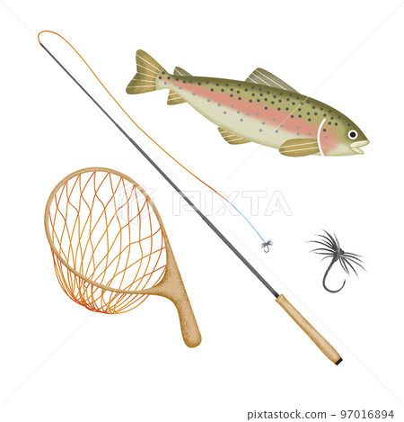 Mountain stream fishing River fishing Tenkara rainbow trout illustration Mountain stream fishing River fishing Tenkara rainbow trout illustration 97016894