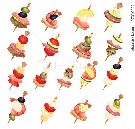 Canape on Skewers as Tasty Snacks and Appetizer Big Vector Set 97016902