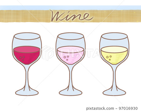 Glasses of red, white and rose wine in a row, illustration - Stock Image -  C039/6153 - Science Photo Library