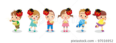 插圖集可愛的小孩扔豆子 Setsubun 變化白色背景人全身 插圖集可愛的小孩扔豆子 Setsubun 變化白色背景人全身 97016952