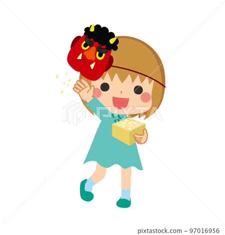 Illustration of a cute little girl wearing a red ogre mask throwing beans for Setsubun Setsubun white background people Illustration of a cute little girl wearing a red ogre mask throwing beans for Setsubun Setsubun white background people 97016956