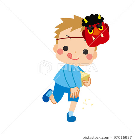 Illustration of a cute little boy wearing a red ogre mask who is sowing beans, Setsubun, white background, person 97016957