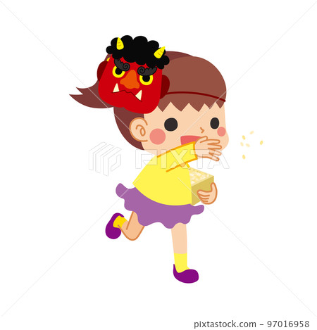 Illustration of a cute little girl wearing a red ogre mask who is sowing beans, Setsubun, white background, person Illustration of a cute little girl wearing a red ogre mask who is sowing beans, Setsubun, white background, person 97016958