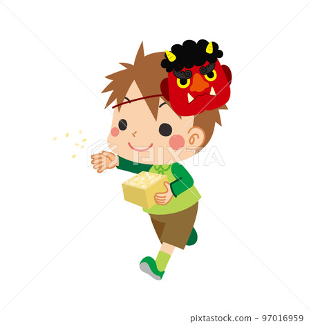 Illustration of a cute little boy wearing a red ogre mask who is sowing beans, Setsubun, white background, person Illustration of a cute little boy wearing a red ogre mask who is sowing beans, Setsubun, white background, person 97016959