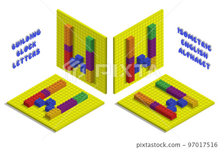 Isometric toy bricks of letter W. Letter from blocks for children poster and games. ABC typography. Realistic 3D vector isolated on white background 97017516