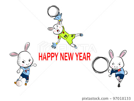 兔子踢足球的新年賀卡材料 97018133