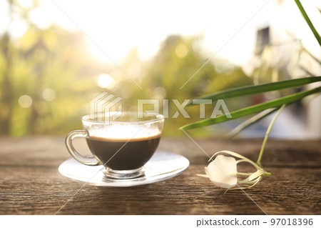 Coffee glass cup and orchid Flower on wooden tray evening drinking Coffee glass cup and orchid Flower on wooden tray evening drinking 97018396