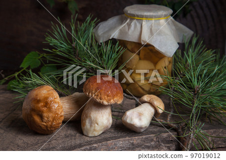 Three porcini mushrooms commonly known as Boletus Edulis and glass jar with canned mushrooms on vintage wooden background.. Three porcini mushrooms commonly known as Boletus Edulis and glass jar with canned mushrooms on vintage wooden background.. 97019012