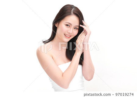 Beautiful young asian woman with clean fresh skin on white background, Face care, Facial treatment, Cosmetology, beauty and spa, Asian women portrait. Beautiful young asian woman with clean fresh skin on white background, Face care, Facial treatment, Cosmetology, beauty and spa, Asian women portrait. 97019274