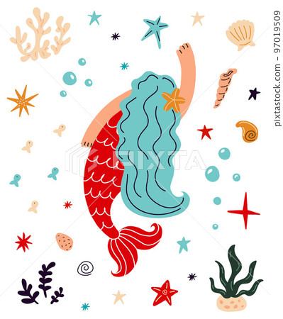 Cute Mermaid with blue hair and marine life.Vector cartoon illustration Cute Mermaid with blue hair and marine life.Vector cartoon illustration 97019509