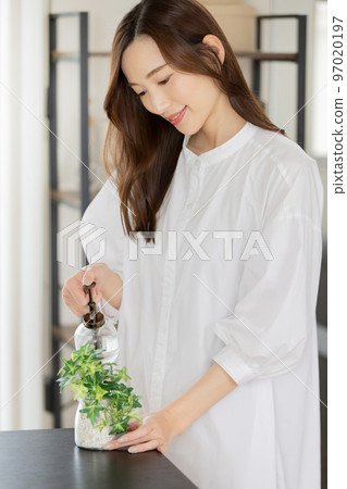 一個在觀葉植物上噴水的女人 一個在觀葉植物上噴水的女人 97020197
