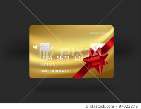 Golden banking card with present ribbon. 3d vector illustration Golden banking card with present ribbon. 3d vector illustration 97022279