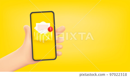 Man holding smartphone with new email. 3d vector banner with copy space Man holding smartphone with new email. 3d vector banner with copy space 97022318