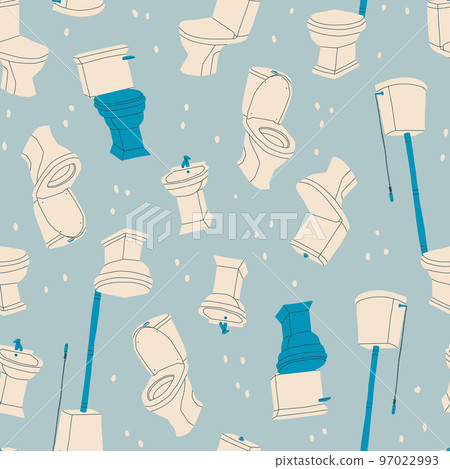 Vector seamless pattern with different toilets bowls and bidets. Repetitive toilet furniture for hygiene. Items for the bathroom. 97022993
