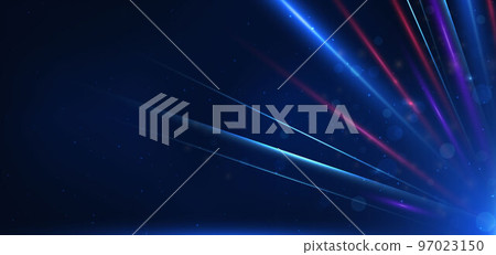 Abstract technology futuristic glowing blue and red light lines with speed motion blur effect on dark blue background. Abstract technology futuristic glowing blue and red light lines with speed motion blur effect on dark blue background. 97023150
