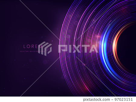 Abstract technology futuristic neon circle lines glowing blue and red light lines with speed motion blur effect on dark purple background. 97023151