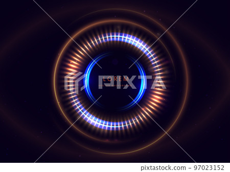 Abstract golden light effect and blue circles glowing with lighting effect sparkle on black background. Abstract golden light effect and blue circles glowing with lighting effect sparkle on black background. 97023152