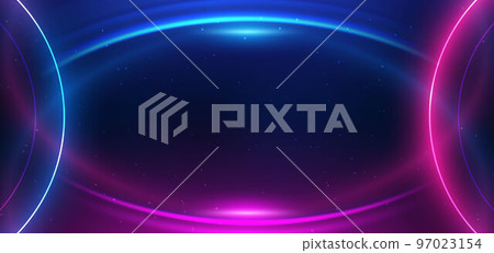 Abstract technology futuristic neon circle glowing blue and pink light lines with speed motion blur effect on dark blue background. Abstract technology futuristic neon circle glowing blue and pink light lines with speed motion blur effect on dark blue background. 97023154