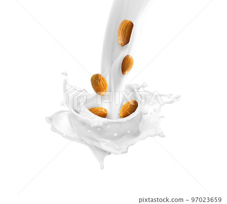 milk splash effect with almonds for design use milk splash effect with almonds for design use 97023659