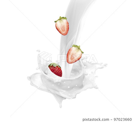 milk splash effect with strawberries for design use milk splash effect with strawberries for design use 97023660