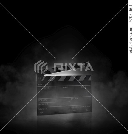 Movie clapper board on black background with smoke Movie clapper board on black background with smoke 97023661