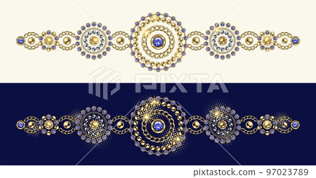 Baroque border motif like bracelet. Ornament made made of gold, silver jewelry chains, blue gems, rhinestones, ball beads in vintage style. Vector illustration on white, blue background. Baroque border motif like bracelet. Ornament made made of gold, silver jewelry chains, blue gems, rhinestones, ball beads in vintage style. Vector illustration on white, blue background. 97023789