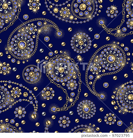 Seamless pattern with paisley ornament, round jewelry elements in vintage style. Deep blue background. Vector illustration. Good for clothing, apparel, fabric, textile, surface design. Seamless pattern with paisley ornament, round jewelry elements in vintage style. Deep blue background. Vector illustration. Good for clothing, apparel, fabric, textile, surface design. 97023795