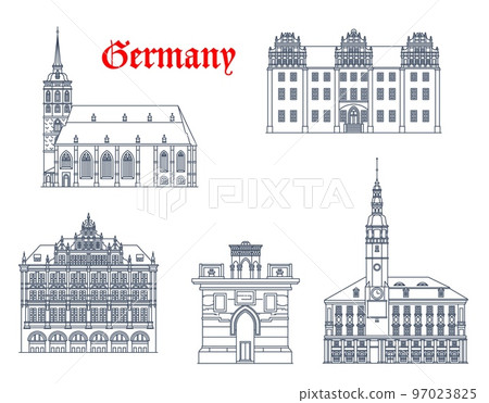 Germany, Bautzen and Gorlitz architecture buildings, vector travel landmarks. German Saxony buildings of St Peter cathedral, Ortenburg castle, Rathaus City Hall and Holy Sepulchre or Grave monument 97023825
