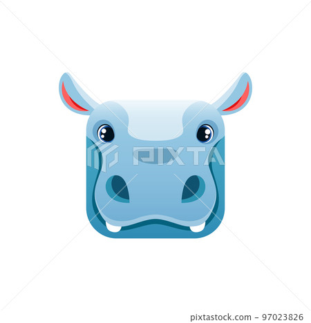 Cartoon hippo kawaii square animal face, isolated vector hippopotamus character portrait friendly behemoth or river horse african safari creature. App button, icon, graphic element 97023826