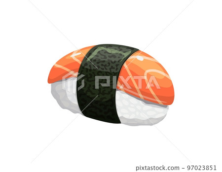 Cartoon salmon sushi, isolated vector sashimi japan seafood cuisine with slice of fresh fish, rice and seaweed on white background. Japanese restaurant sushi meal, delicious gourmet snack 97023851